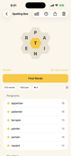 Spelling Bee honeycomb solver showing found words and pangrams on iPhone