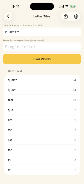 Letter Tiles solver showing a ranked list of plays with point values